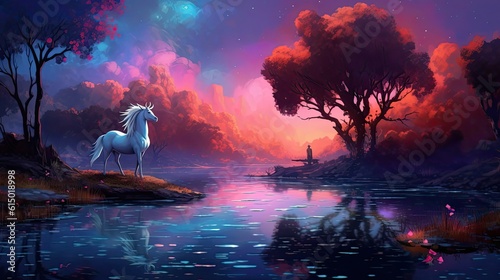 An ethereal moonlit night with a mystical unicorn drinking from a glowing lake. Colorful illustration art. Generative AI