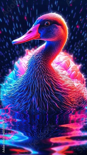 Neon light Goose animal on black background. Portrait of glow light animal. Generative AI