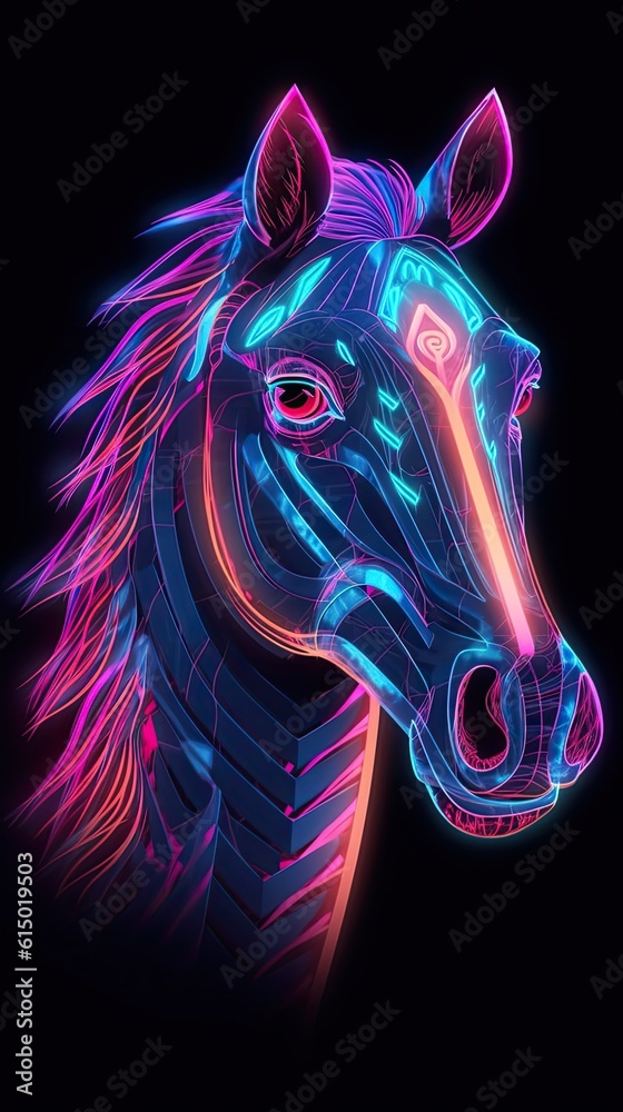 Neon light Pony horse animal on black background. Portrait of glow light animal. Generative AI Neon light Pony horse animal on black background. Portrait of glow light animal. Generative AI