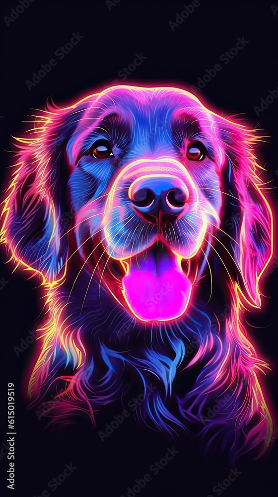 Neon light Golden Retriever animal on black background. Portrait of glow light animal. Generative AI