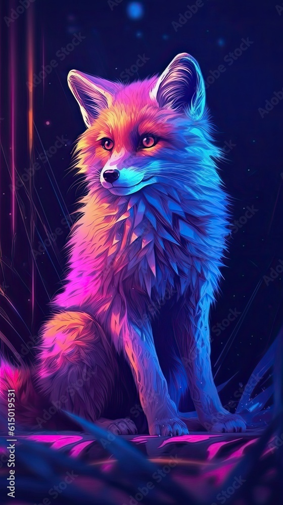 Neon light Red fo animal on black background. Portrait of glow light animal. Generative AI Neon light Red fo animal on black background. Portrait of glow light animal. Generative AI