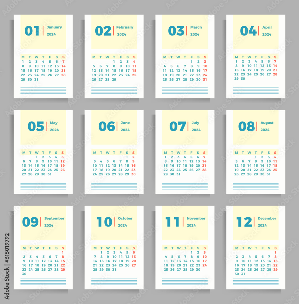 Monthly calendar for 2024. A set of 12 vector vertical templates in A4 format. Monthly calendar for 2024. A set of 12 vector vertical templates in A4 format.