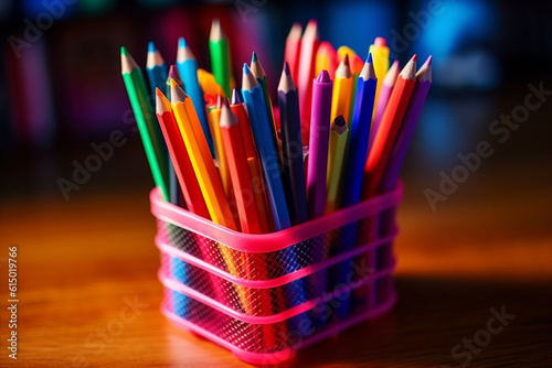 A set of colorful pens, markers, and highlighters neatly arranged in a pen holder, flat view, blurred background Generative AI