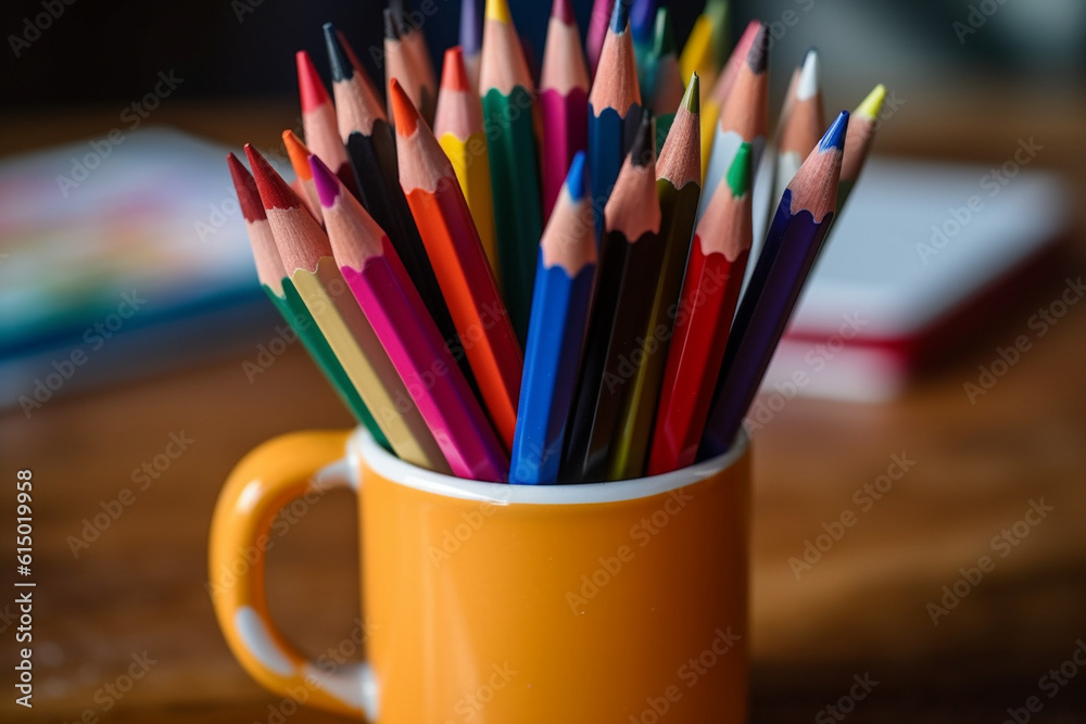 A mug filled with colorful pens and pencils, flat view, blurred background Generative AI A mug filled with colorful pens and pencils, flat view, blurred background Generative AI