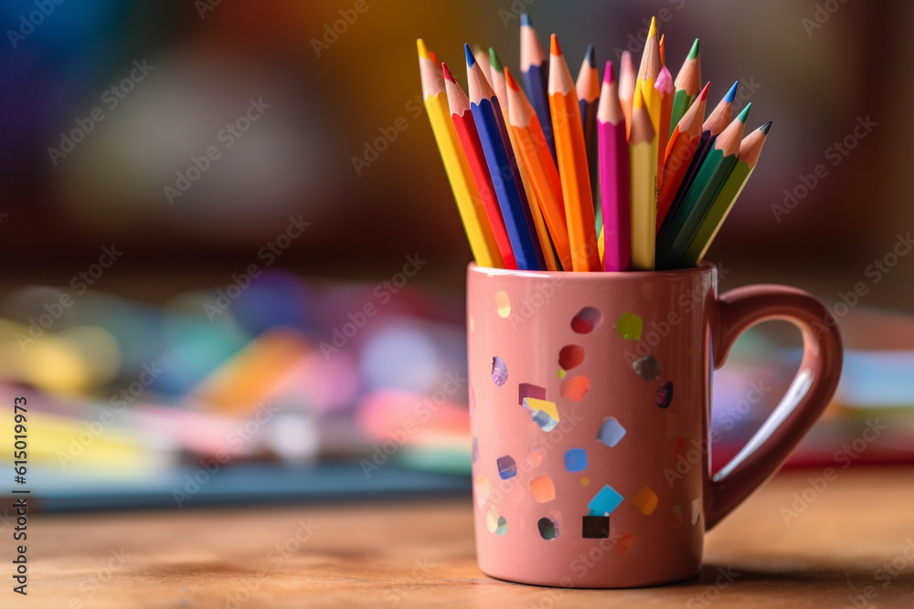 A mug filled with colorful pens and pencils, flat view, blurred background Generative AI