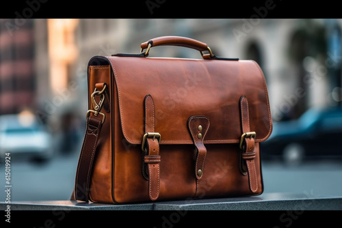A professional leather briefcase with a laptop peeking out, flat view, blurred background Generative AI photo