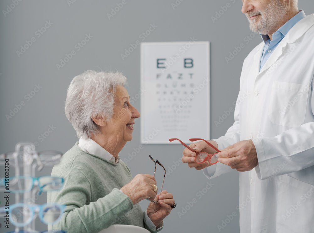 Senior woman having an eye test and trying new glasses