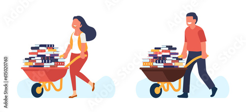 Gaining knowledge. Young guy and girl driving wheelbarrow full of books. Self education. Studying man and woman. People pulling carts with textbooks. Reading literature. Vector concept