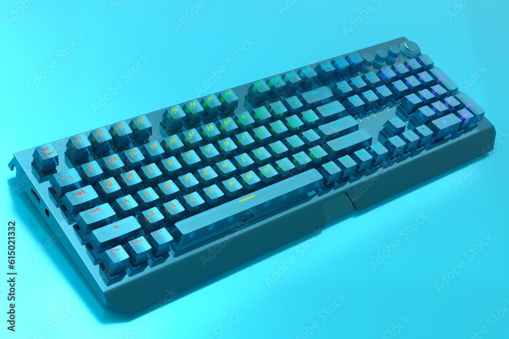 Realistic computer keyboard with blue chrome texture isolated on blue Realistic computer keyboard with blue chrome texture isolated on blue
