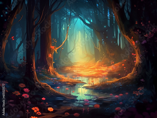 Magic forest with mystic plants, trees and flowers. Dramatic landscape, environment. Fairytale concept. Game background.  