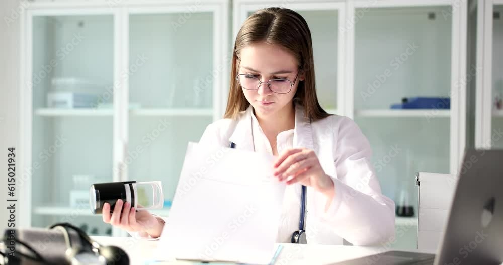 Doctor puts seal on closeup of medical documents. Taking out health insurance or issuing prescription Doctor puts seal on closeup of medical documents. Taking out health insurance or issuing prescription