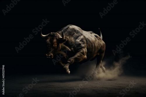 Furious bull running along sandy bullring. 3D illustration digital art design, generative AI