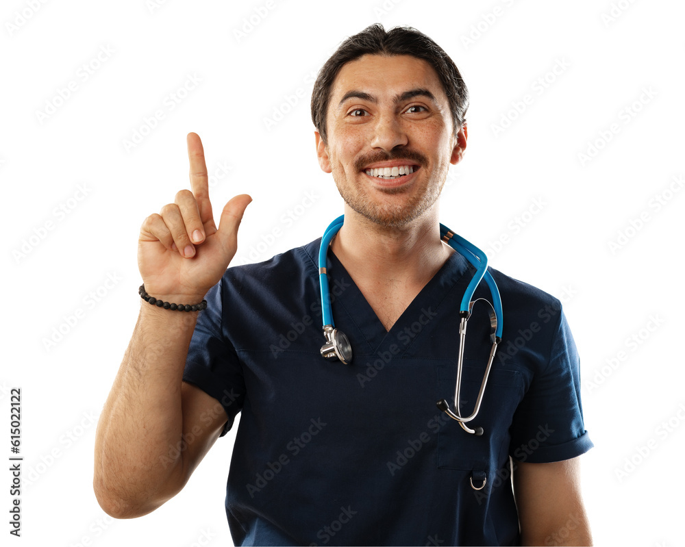 Medical doctor man with stethoscope point finger up isolated on white Medical doctor man with stethoscope point finger up isolated on white