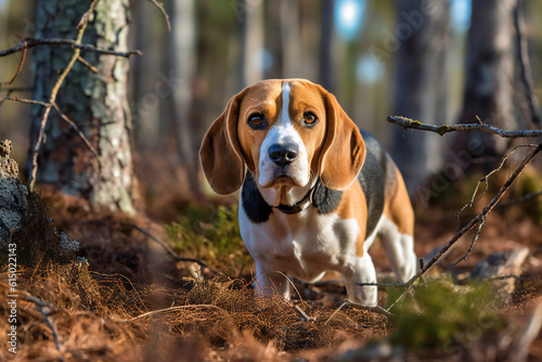 Beagle dog in autumn forest. 3D illustration digital art design, generative AI