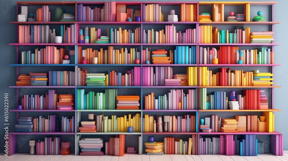 a white book shelf with multiple colorful books on it. online meeting background. education. generative ai a white book shelf with multiple colorful books on it. online meeting background. education. generative ai