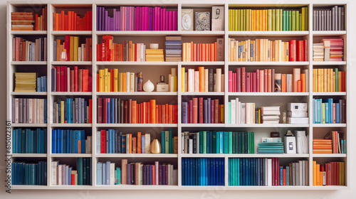 a white book shelf with multiple colorful books on it. online meeting background. education. generative ai