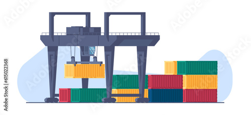 Harbor crane moves cargo containers. Freight port terminal. Marine transport unloading. Industrial equipment. Loader machinery. Hook lifting metal boxes. Warehouse logistics. Vector concept