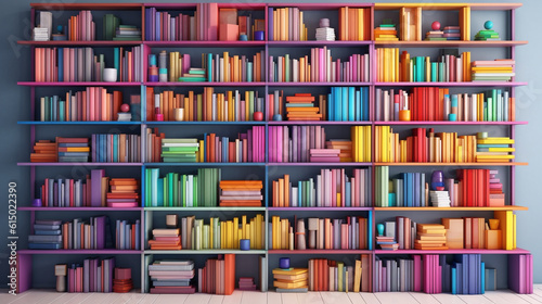 a white book shelf with multiple colorful books on it. online meeting background. education. generative ai