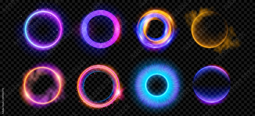 Optical halo flares with neon light vector effect set isolated on transparent background. Circle lens ring with glitter 3d digital design. Radiant speed motion design. Magic energy vortex with spark - obrazy, fototapety, plakaty 