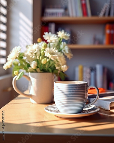 陽の当たるテーブルでコーヒーカップに入ったおいしいコーヒーを飲むコーヒータイム