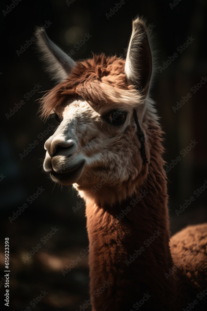 Fototapeta premium Portrait of Alpaca Dramatic and Cinematic Lighting Photography, Generative AI