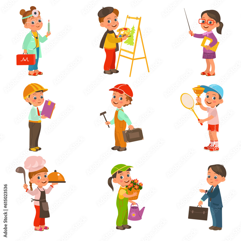Kids professions. Funny little children. Different professional uniforms. Doctor and builder. Businessman holding briefcase. Tennis sportsman. People occupation. Splendid vector set Kids professions. Funny little children. Different professional uniforms. Doctor and builder. Businessman holding briefcase. Tennis sportsman. People occupation. Splendid vector set