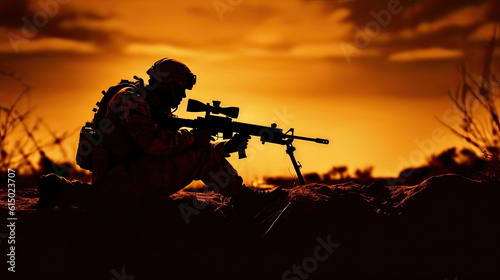 Photo of Silhouette of military sniper, Army background, soldiers silhouettes.