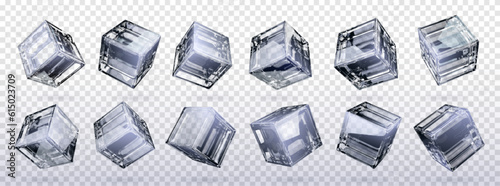 3d glass cube box vector isolated on transparent background. Crear black and white realistic geometric block with reflection. Glossy acrylic object design polygon set. Glassy futuristic art icon