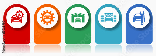 Technology icon set, miscellaneous vector icons such as workshop, car, service and carwash, modern design infographic template, web buttons in 5 color options