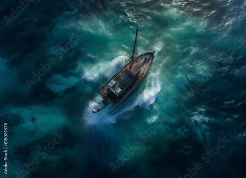 Aerial view of fishing boat in blue lagoon, generative ai.