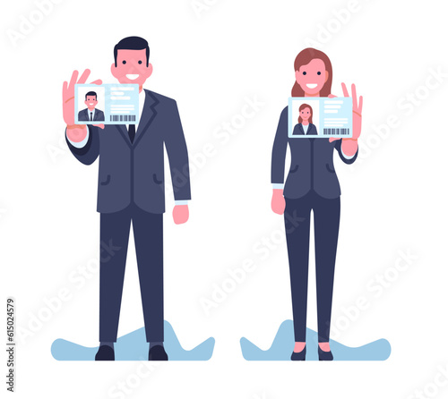 Man and woman in suits show their ID plastic card. Identity document. People holding identification license. Authentication with name and photo. Person verification. Vector concept