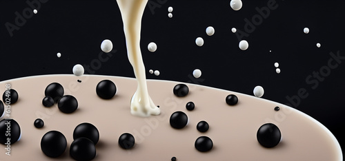 Bubble milk tea with tapioca balls splashing against black background. Taiwan milk tea with Boba or black pearl bubbles. Taiwanese drinking. Orange Latte milktea splash isolated on black. Close up. photo