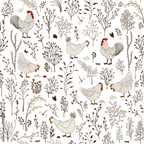  Floral seamless pattern with cute cartoon chicken