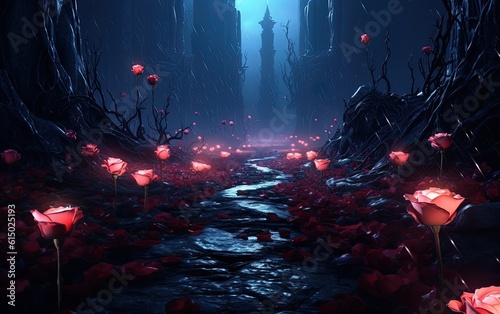 Mysterious path of roses and dark castle