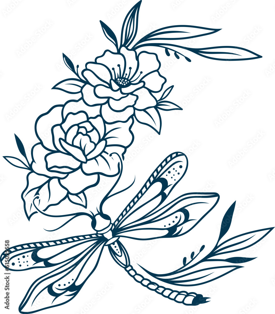Fototapeta premium Abstract Dragonfly Tattoo Silhouette with Floral Accent