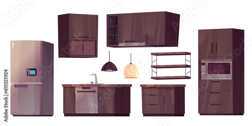 Kitchen room interior with tables, fridge, stove and cupboards. House furniture for cooking, modern refrigerator, kitchen counter with sink and dishwasher, microwave, vector cartoon set