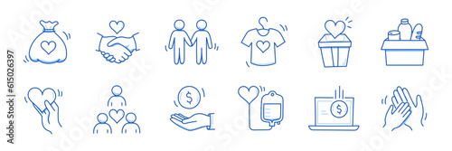 Charity hand, money, care heart doodle line icon. Charity donate, support, blood donor concept icon set. Volunteer heart, donate food hand drawn doodle sketch style line. Vector illustration
