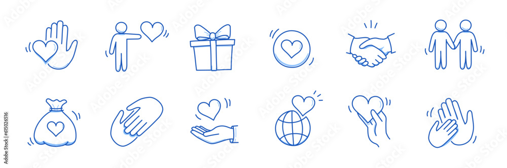 Community trust hand, social heart doodle line icon. Charity community, partnership care, people solidarity help concept icon set. Hand drawn doodle sketch style line. Vector illustration - obrazy, fototapety, plakaty 