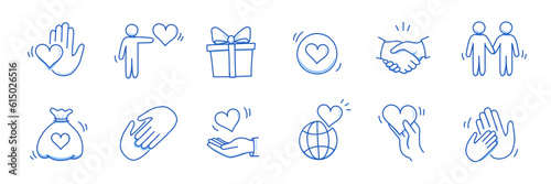 Community trust hand, social heart doodle line icon. Charity community, partnership care, people solidarity help concept icon set. Hand drawn doodle sketch style line. Vector illustration