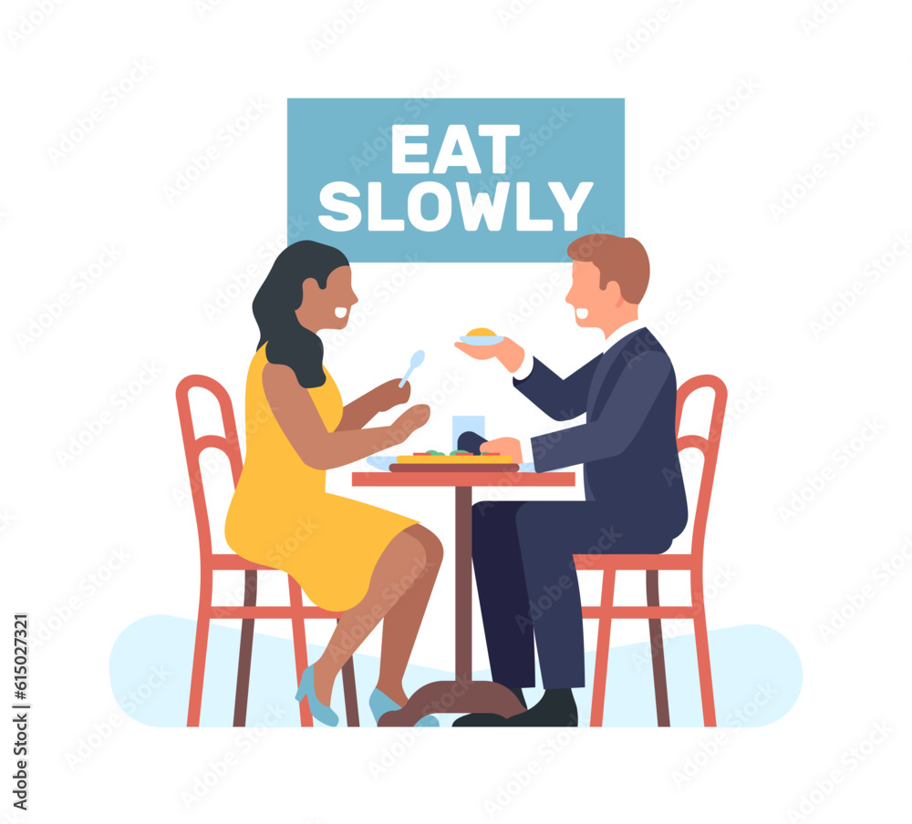 Proper food consumption. Enjoying food. Couple sitting at table with sign that says eat slowly. Man and woman dating in restaurant. Healthy lifestyle. Motivation phrase. Vector concept Proper food consumption. Enjoying food. Couple sitting at table with sign that says eat slowly. Man and woman dating in restaurant. Healthy lifestyle. Motivation phrase. Vector concept