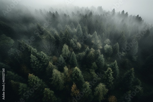 Misty forest from above. Generative AI © Ethan