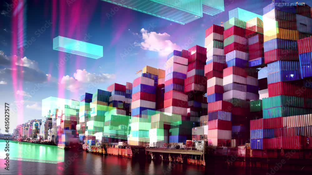 Harbor view with containers stack, future view process Containers stack ...
