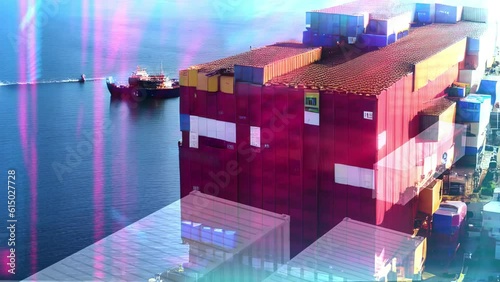 Harbor with many containers' stacks, future view process
Containers stack with moving cargo, unloading, and loading in the port, futuristic view concept, ai control the whole freight process. 
