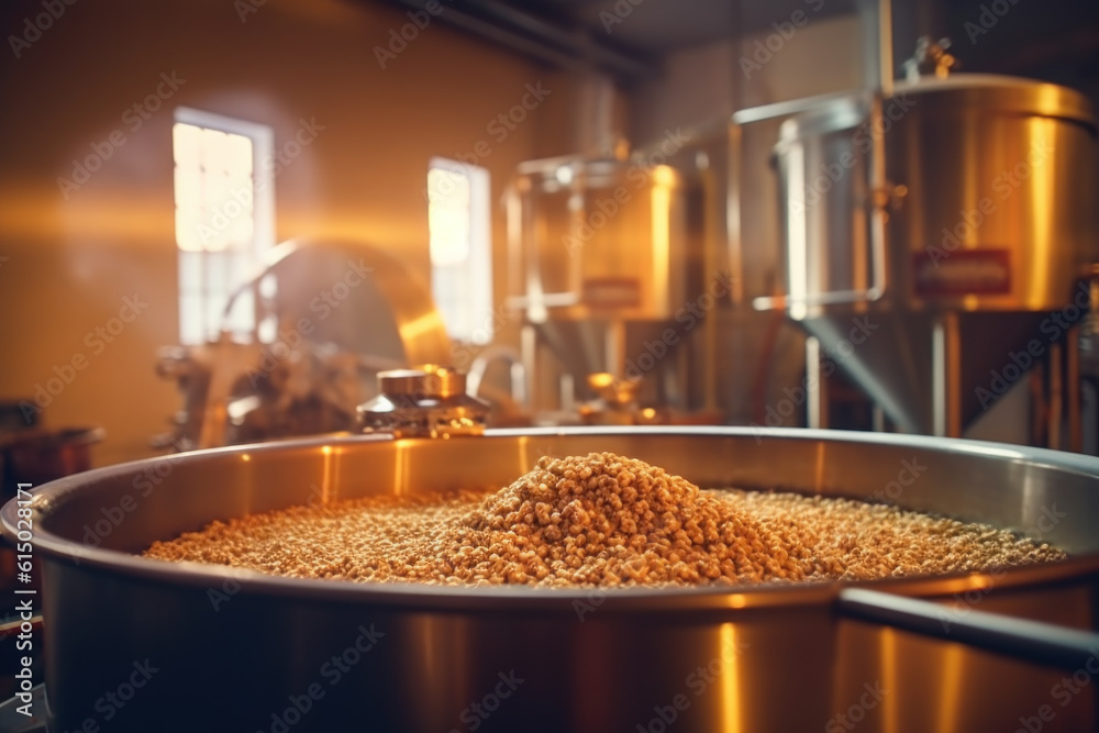 Brewhouse and beer preparation equipment with technological processes for malting and beer kegs made of stainless steel. Generative AI. Brewhouse and beer preparation equipment with technological processes for malting and beer kegs made of stainless steel. Generative AI.