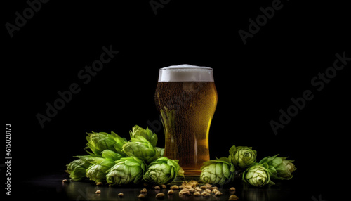 Beer glass with green hops against black background. Generative AI
