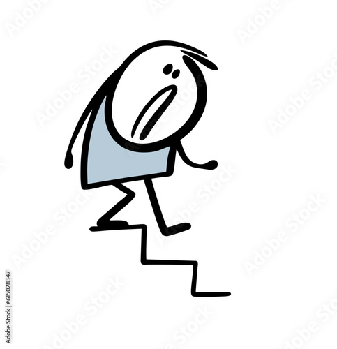 The tense stickman carefully descends down the stairs. Vector illustration of a cartoon man afraid to fall.