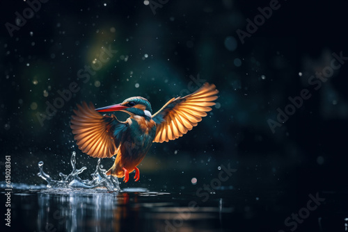 Kingfisher emerging from the water after an unsuccessful dive to grab a fish, Natural wild bird with beautiful light. Generative AI. © เลิศลักษณ์ ทิพชัย