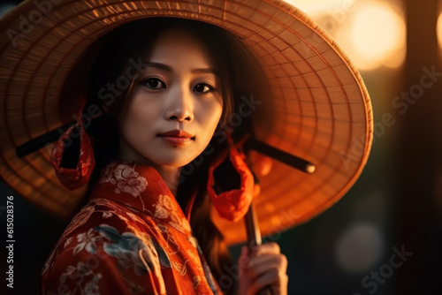 Asian woman wearing Vietnamese national costume living in Vietnam city. Generative AI