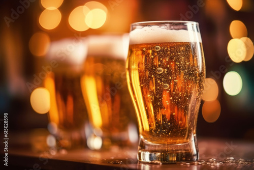 Many glasses of beer on wooden table in bar On a beautiful golden bokeh blurred background. Generative AI