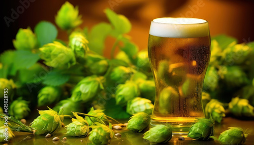 Beer glass with green hops against field of hops background. Generative AI